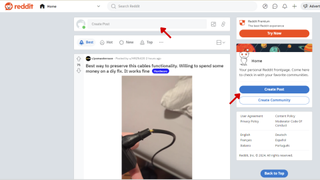 Screenshot of Reddit.com on the browser with red arrows pointing at the Create Post button and the Create Post bar. 