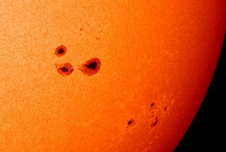 A group of sunspots. More sunspots appear near solar maximum than at solar minimum.