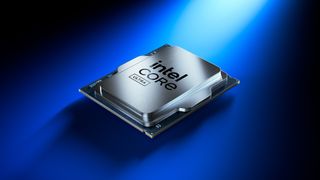 Intel Core Ultra 200S Series chip render on blue background.