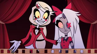 Two animated characters from Hazbin Hotel look down 