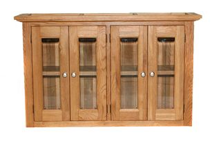Large Glazed Kitchen Wall Unit in medium brown with two cupboards that have two glass and wooden doors