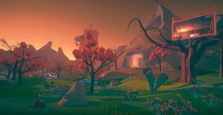 A CG environment shows stylised trees, fields and flowers with mountains behind