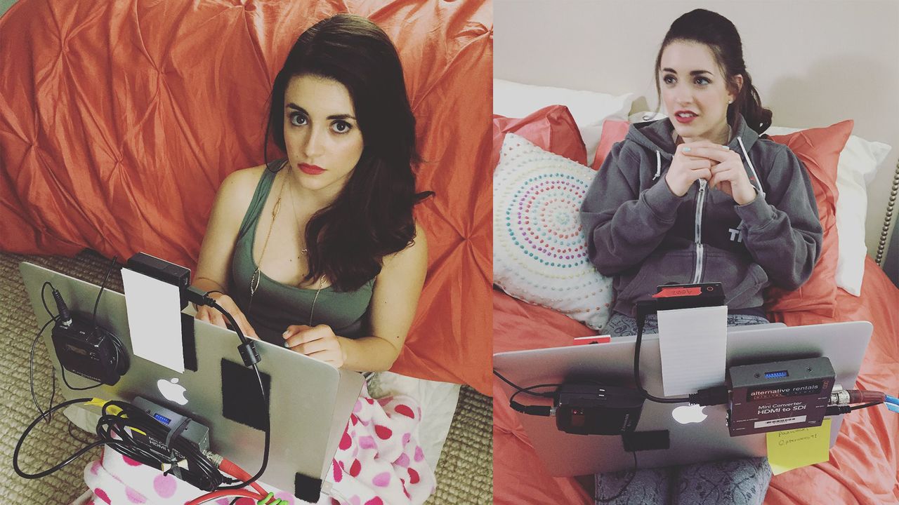 Actress Daniela Bobadilla using the laptop camera setup