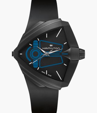Black Hamilton watch in futuristic shape with blue markings