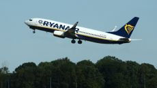 Ryanair plane taking off at Charleroi Airport in Brussels, Belgium.