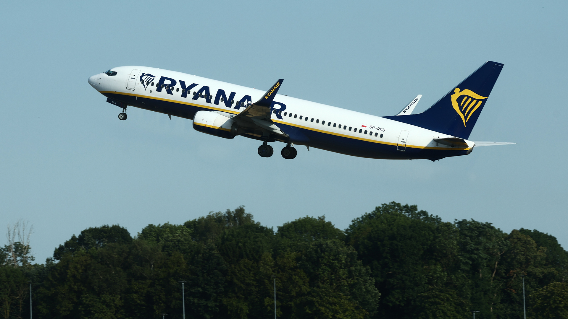 Ryanair plane taking off at Charleroi Airport in Brussels, Belgium.