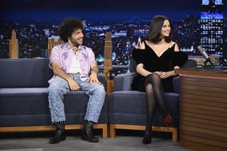 Selena Gomez wearing a vintage mugler mini dress on the set of the tonight show with benny blanco