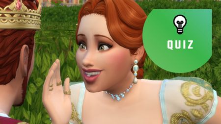 The Sims 4 - A red-haired sim dressed in royal attire is excitedly cupping her mouth like she's telling a secret. The PC Gamer quiz logo is in the top right. 