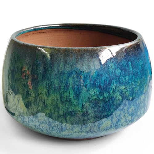 Casktcom Reactive Glaze Peacock Color 11" Ceramic Plant Pot, Large Blue Green Planter Artisan Flower Pot With Drainage Hole, Breathable Planter for Indoor Outdoor Plants
