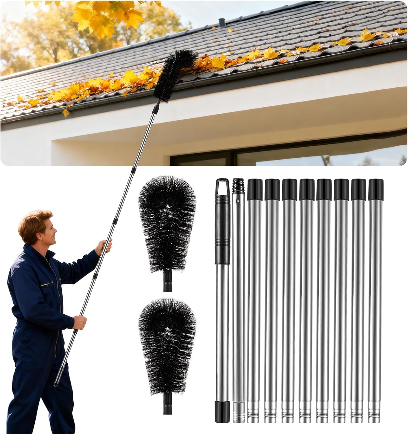 Lrqzhsyl Gutter Cleaning Tools From the Ground - 12.7ft Long Adjustable Gutter Cleaner &amp;amp; Brush, No Ladder Needed | Gutter Clean Out Tool Makes It Easy to Clean Leaves, Branches and Debris From Gutters