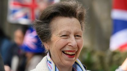Princess Anne’s embroidered Garden Party coat dress wows. Seen here she speaks with residents of a street as they hold a Coronation street party