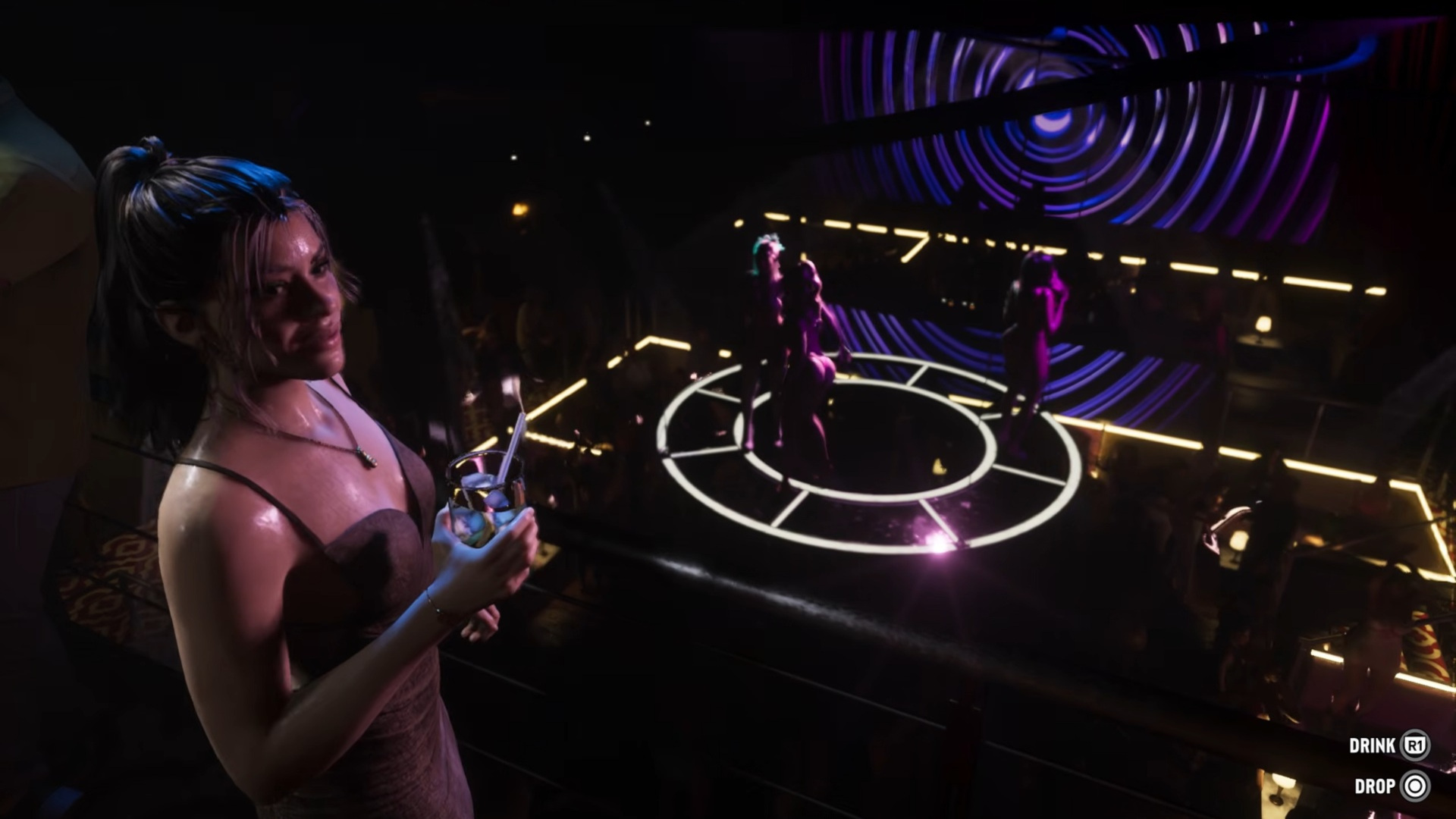 GTA 6 protagonist Lucia stands in a nightclub with a drink in hand, perspiring from the temperature of the club