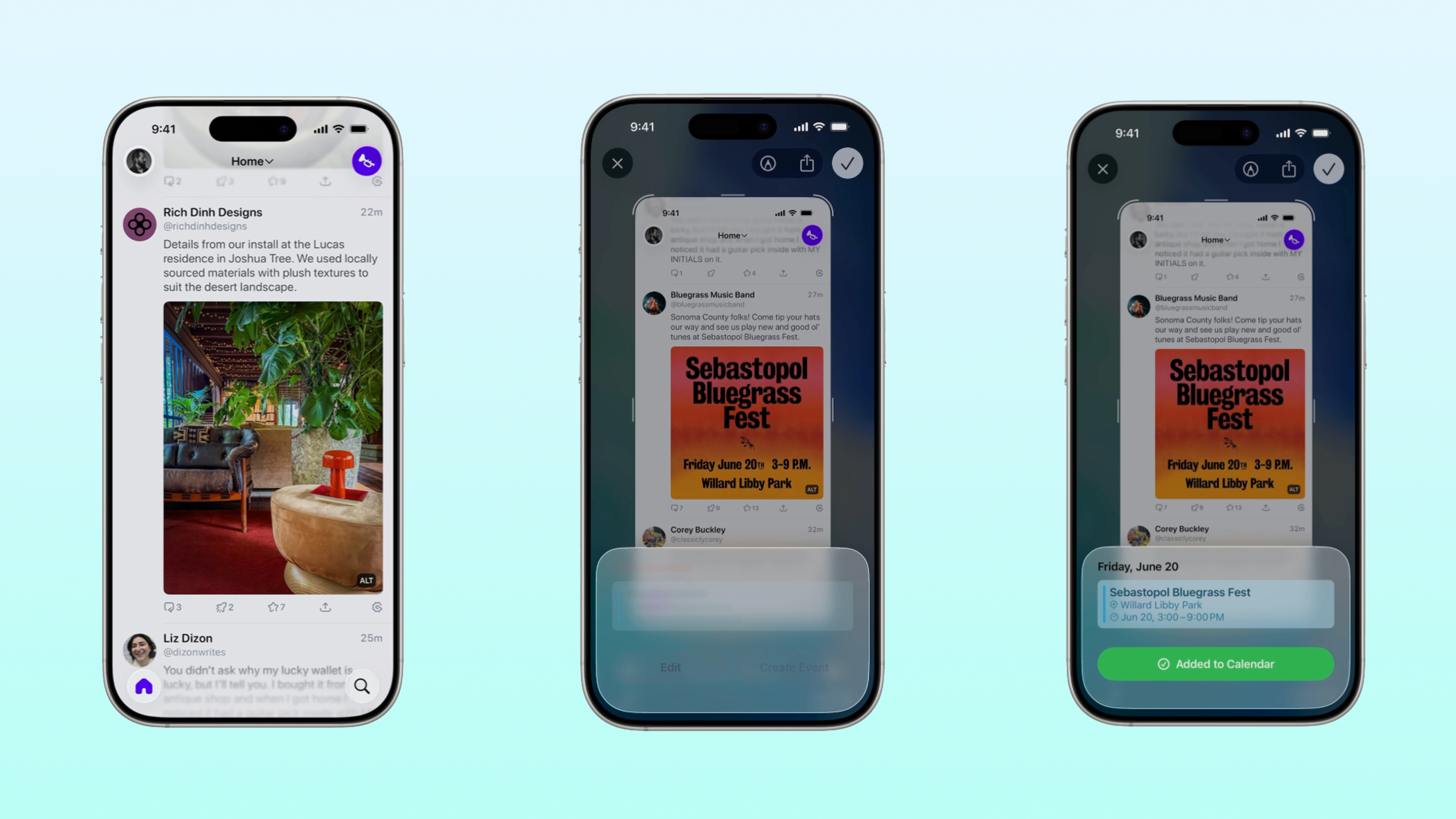 Three sample screens using Visual Intelligence in iOS 26.