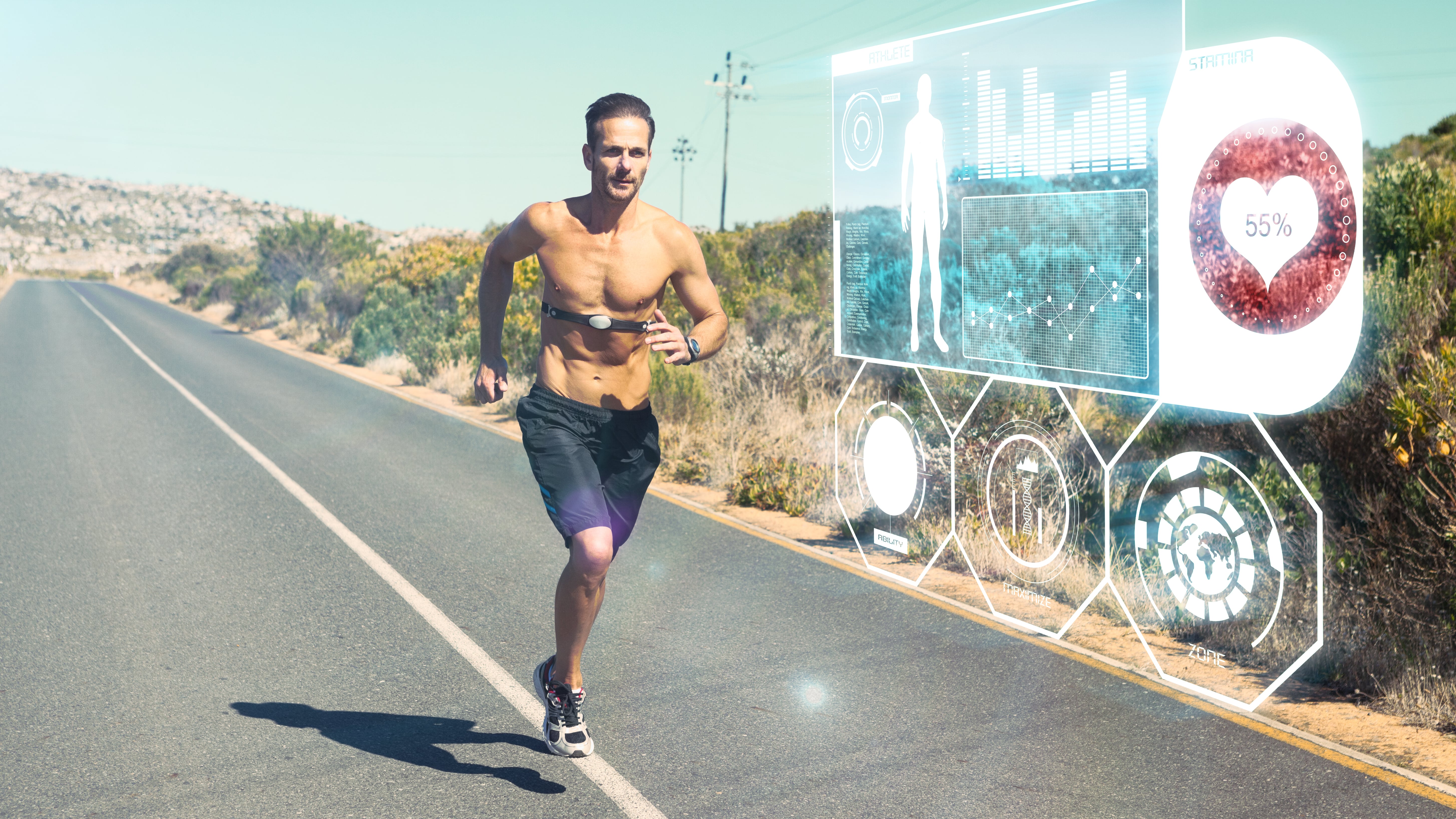 Man running with heart rate monitor
