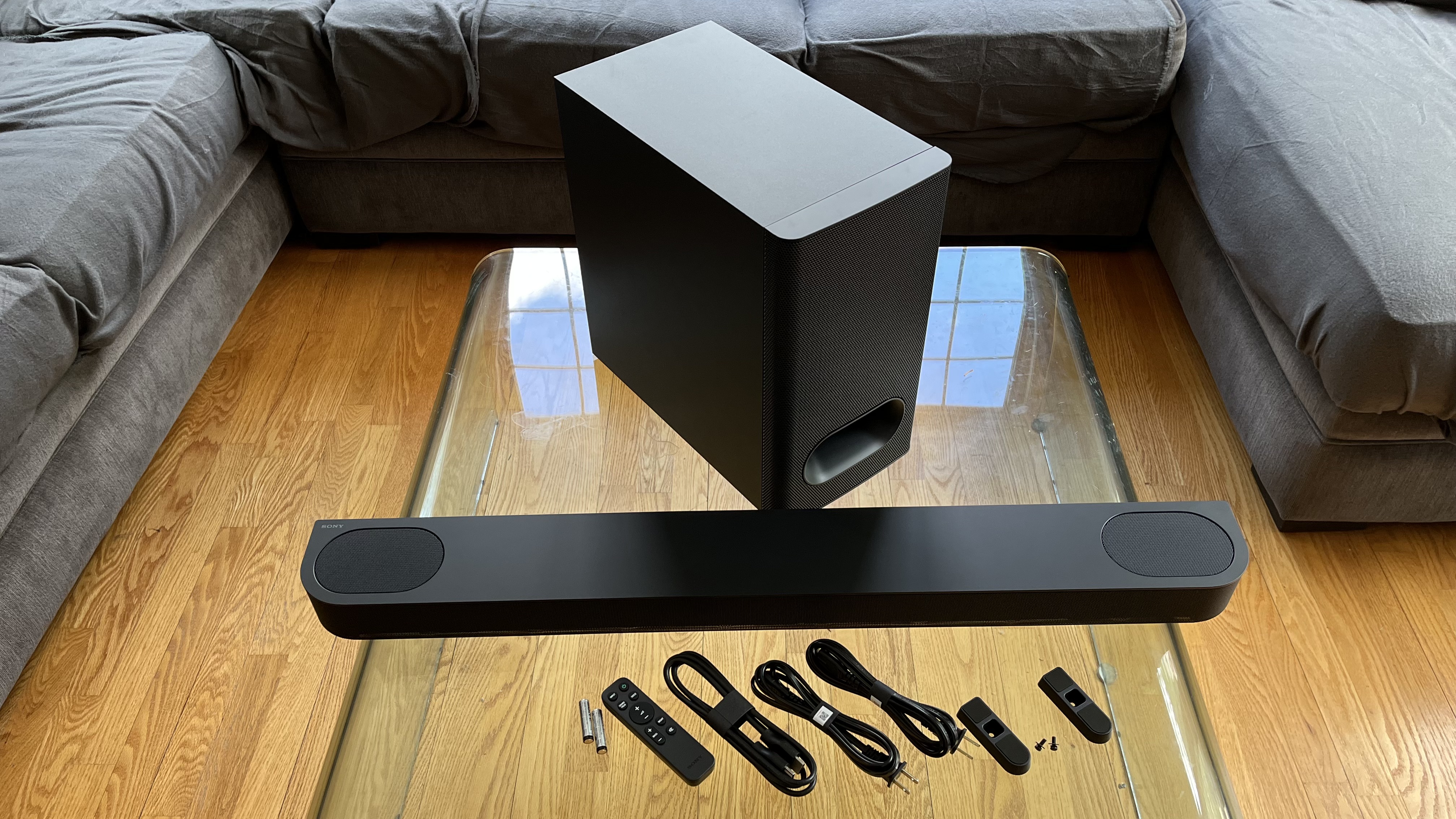 Sony Bravia theater bar 6 on floor with accessories