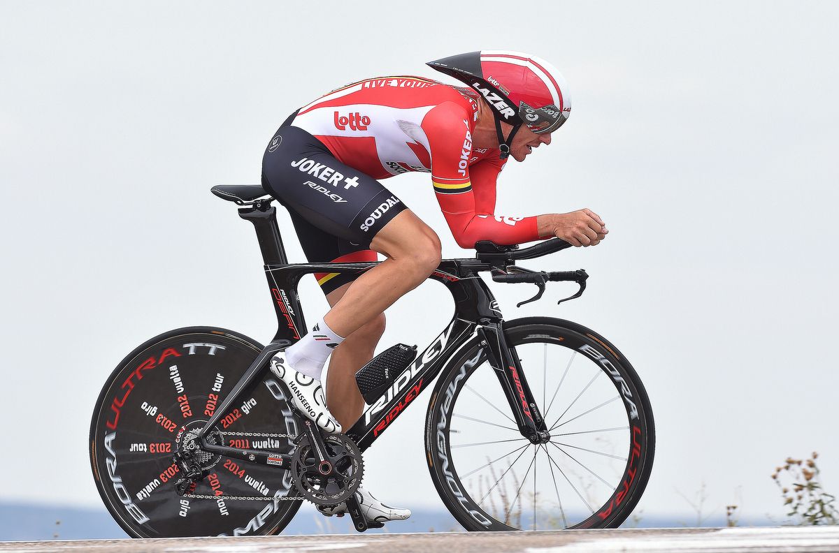 Adam Hansen's rear disc wheel features the names and dates of the record 13 grand tour's he started and finished since 2011