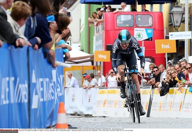 Geraint Thomas (Team Sky) heads up to the finish line with the fastest time