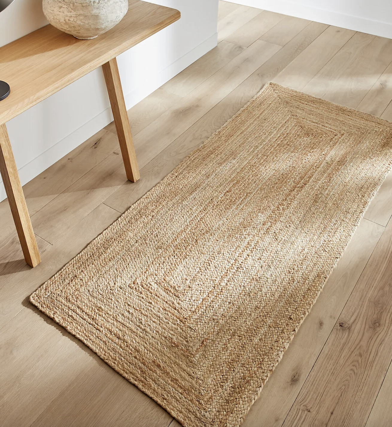 A handwoven jute rug