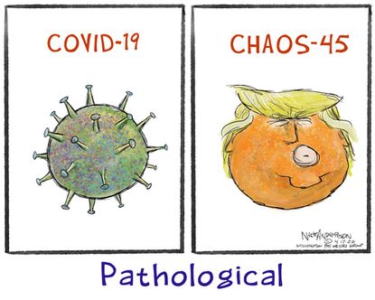 Political Cartoon U.S. pathological virus liar Trump coronavirus