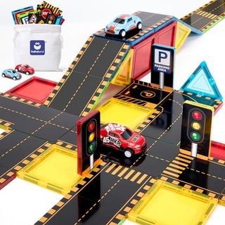 Hahaland 62 Pcs Magnetic Tiles Road Toppers Set for Kids Ages 3-5, Magnetic Building Blocks With Cars Toys for 3 Year Old Boys and Girls Stem Toys Birthday Gifts for Age 3 4 5 6 7 Year Old