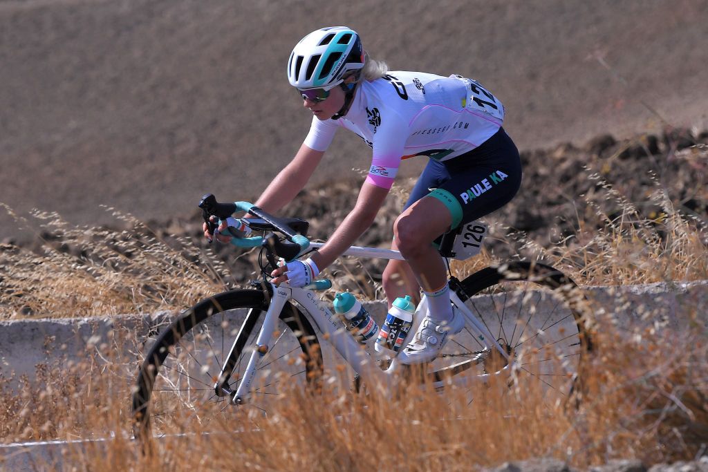MOTTAMONTECORVINO ITALY SEPTEMBER 19 Mikayla Harvey of New Zealand and Team Paule Ka White Best Young Jersey during the 31st Giro dItalia Internazionale Femminile 2020 Stage 9 a 1099km stage from Motta Montecorvino to Motta Montecorvino 645m GiroRosaIccrea GiroRosa on September 19 2020 in Motta Montecorvino Italy Photo by Luc ClaessenGetty Images