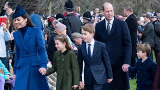 Catherine, Princess of Wales and Prince William, Prince of Wales walk with Prince Louis Prince George and Princess Charlotte to attend the Christmas Day church service