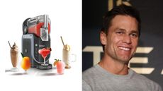 a splitscreen image with a ninja slushie on the left and tom brady on the right
