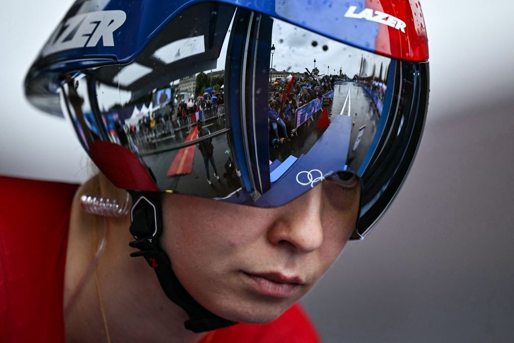 Denmark's Cecilie Uttrup Ludwig prepares to take the start of the women's road cycling individual time trial during the Paris 2024 Olympic Games in Paris, on July 27, 2024. (Photo by Ben STANSALL / AFP)