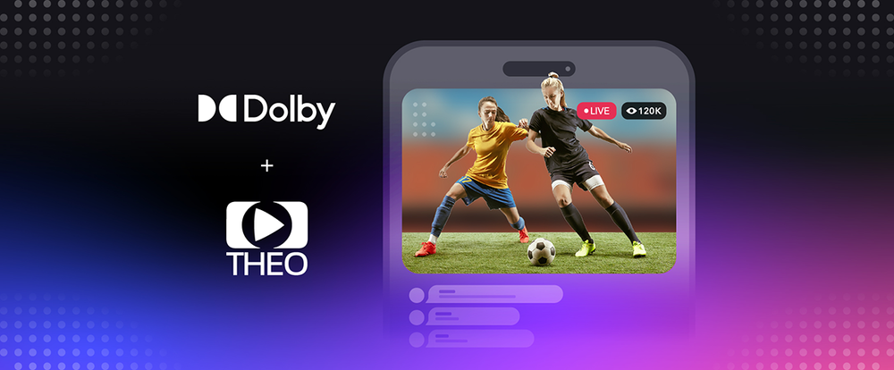 Dolby and THEO Technologies logos with a screen shot of a mobile phone showing a soccer game