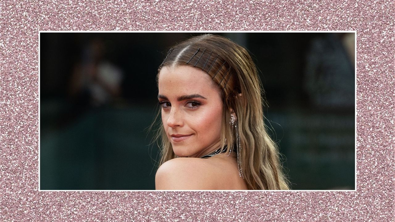 Image of Emma Watson&#039;s BAFTA appearance at the EE British Academy Film Awards 2022 at Royal Albert Hall on March 13, 2022 in London, England, on a glittery, pink background