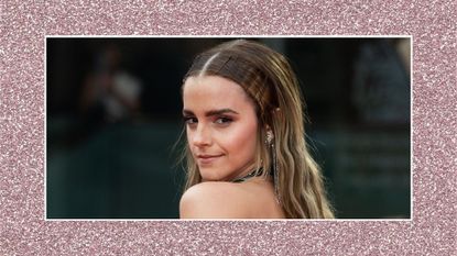 Image of Emma Watson's BAFTA appearance at the EE British Academy Film Awards 2022 at Royal Albert Hall on March 13, 2022 in London, England, on a glittery, pink background