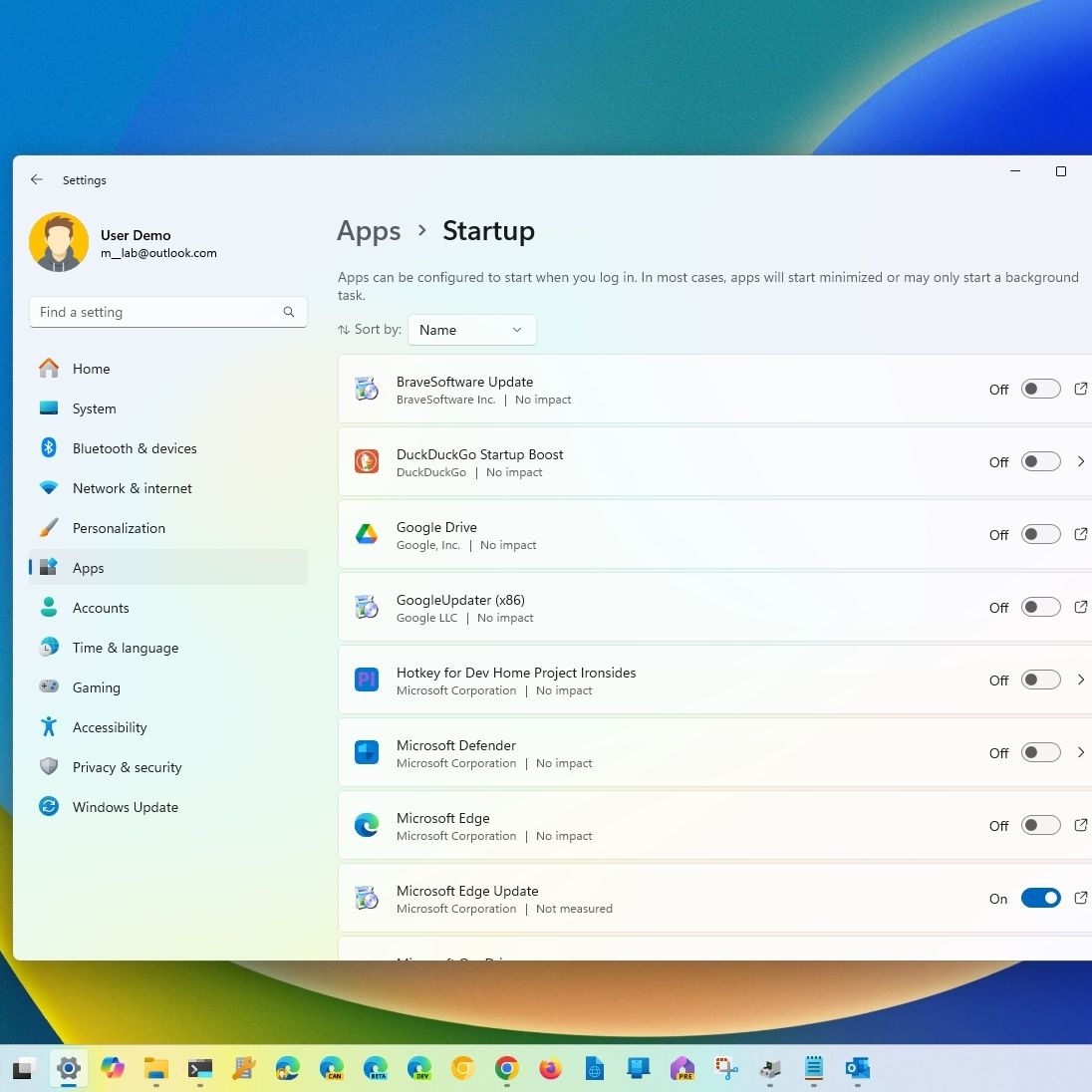 Windows 11 Ayarlar uygulamasında Başlangıç uygulamaları ekranı