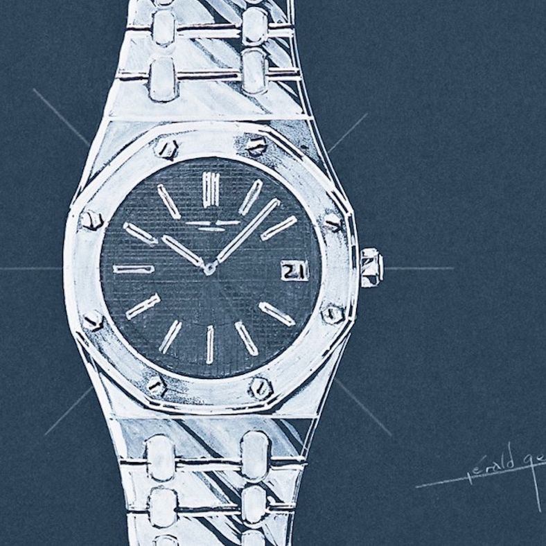 Gérald Genta's early blue pencil Royal Oak concept with eight-sided bezel and integrated bracelet