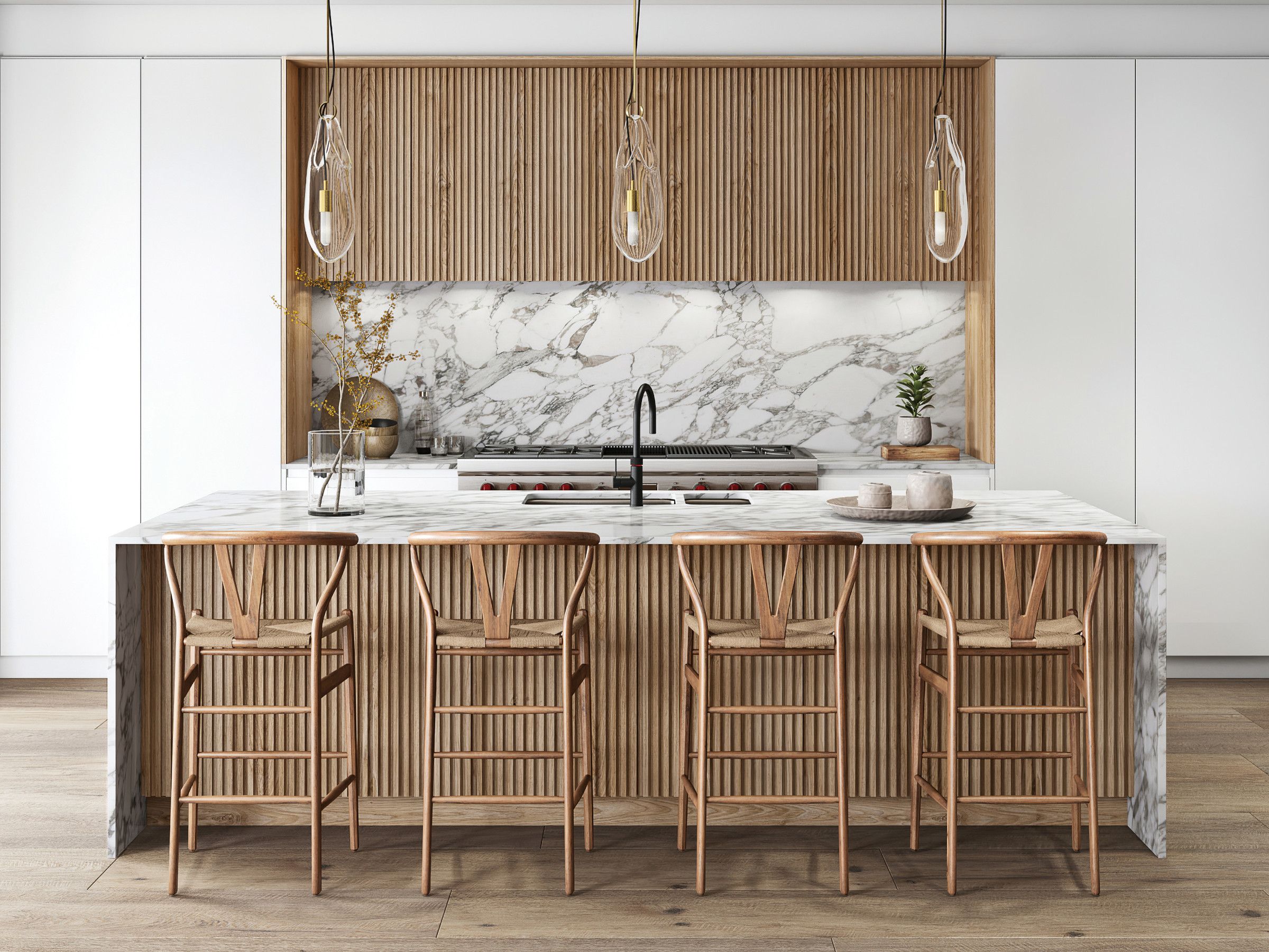 Fluted kitchen island with vertical grooves in a modern kitchen