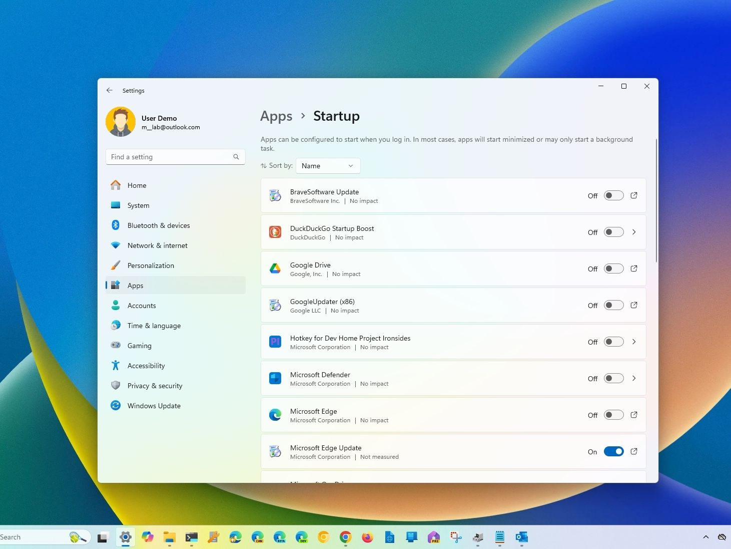 Windows Settings showing startup applications