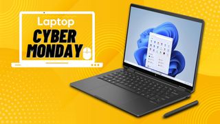 The HP Spectre x360 14 with a Laptop Mag deals icon in front of a yellow background