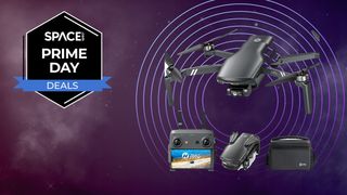 The Holy Stone HS900 drone on a purple background with Space.com Black Friday deals badge.