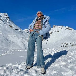 european ski essentials: tamu mcpherson in fair isle jumper and ski jacket