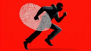 An illustration of a silhouetted thief in motion running while carrying a stolen fingerprint