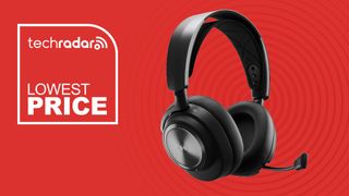 The SteelSeries Arctis Nova Pro Wireless gaming headset on a red background with white lowest ever price text