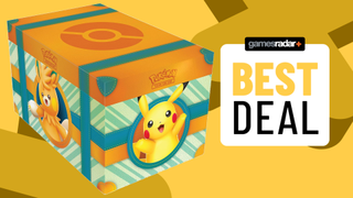 Pokemon TCG Paldea Adventure Chest beside a &#039;best deal&#039; badge, all against a yellow background