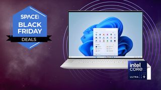 The Dell XPS 16, opened, in front of a purple starry night background with a rosette that reads Space.com Black Friday deals.