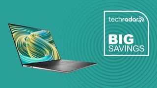 Dell XPS 15 laptop in gray on cyan background with big savings TechRadar icon