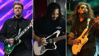 (from left) Mike Stringer, Misha Mansoor, and Jim Root playing offset guitars