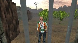 Cyberpunk-looking woman in bright jacket and visor facing player from other side of prison bars in a farm field.