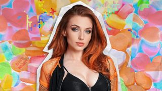 A scrapbook-styled punk pop-art image of a cutout of an AI twin of Twitch and OnlyFans star Amouranth, the background image is a colorful montage showing candy love hearts.