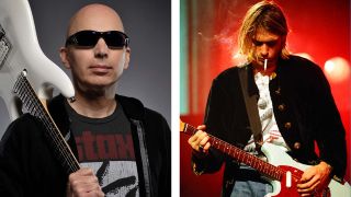 Joe Satriani holding a guitar and Kurt Cobain playing guitar onstage