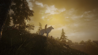 Soulframe Orengall Fable trailer still image, a warrior riding a giant wolf.