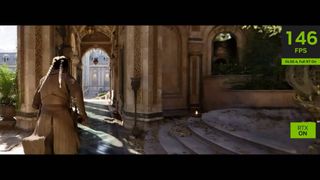 A still from a video at Nvidia&#039;s CES 2025 keynote, showing a character running through some archways in a game with DLSS 4 enabled and ful RT on, achieving 146 fps.