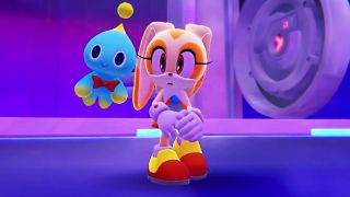 Cream the Rabbit and her companion Cheese the Chao looking scared, in 2023&#039;s Sonic Dream Team. 